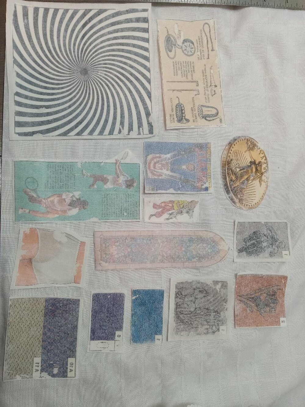 A large selection of handprinted cotton patch to sew with vintage illustrations